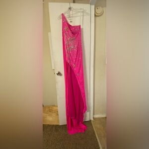 hot pink with bedazzled stars and cape Prom Dress